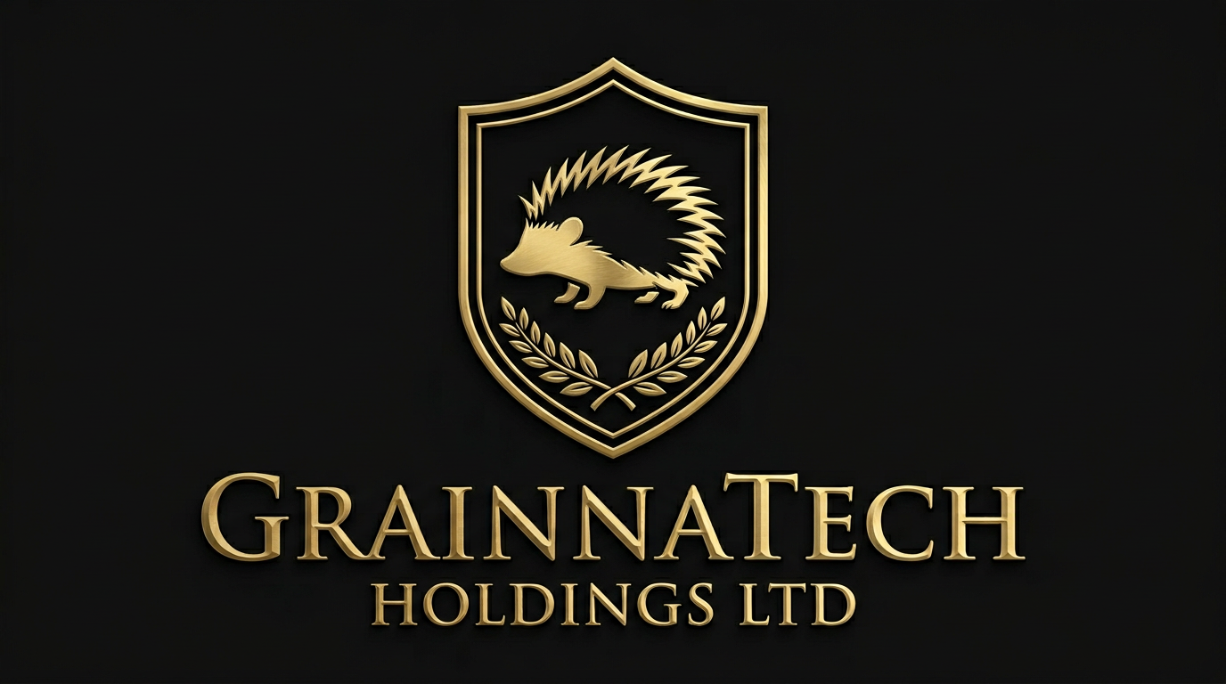 Official Grainnatech Holdings Ltd logo — gold hedgehog within a shield and laurel wreath on black